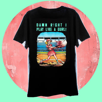 "Playball" Retro Comic Ghoul Tee – Feminist Macabre Shirt (Black/Pink/Green)